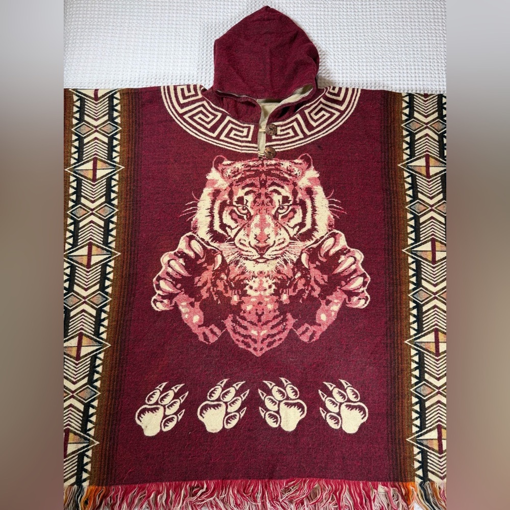 Native Handicrafts Hooded Poncho Alpaca Tiger Design Burgundy One Size